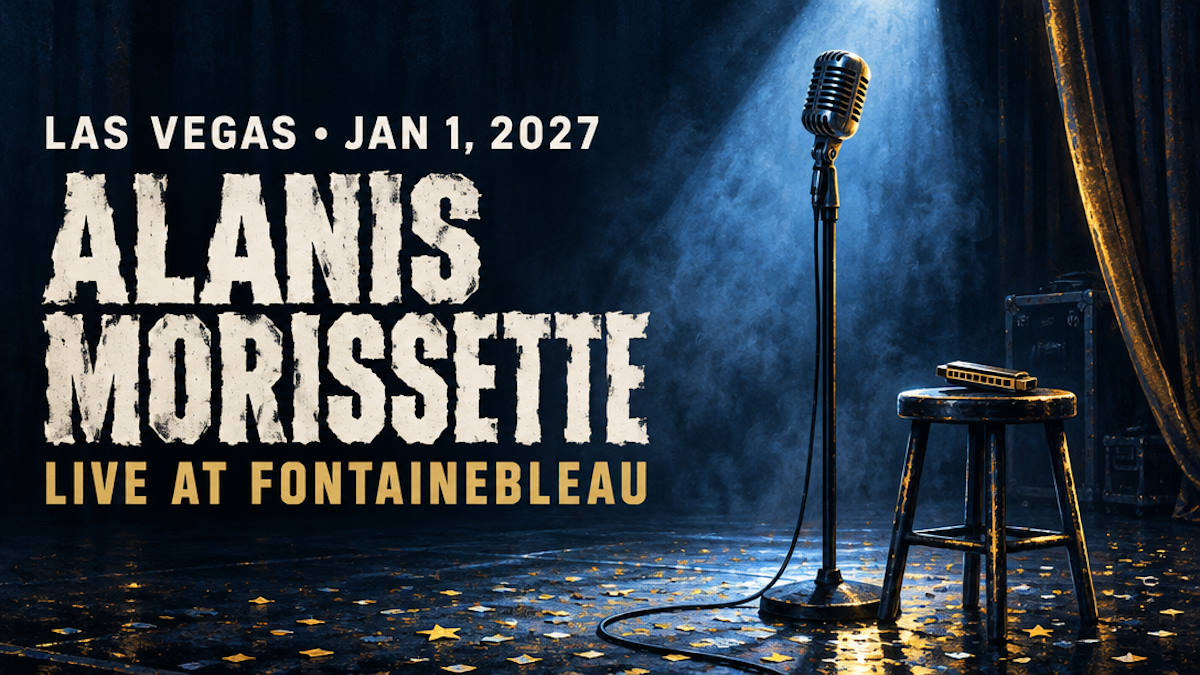 Illustrated theater stage with a single microphone and a harmonica under a pale blue and gold spotlight