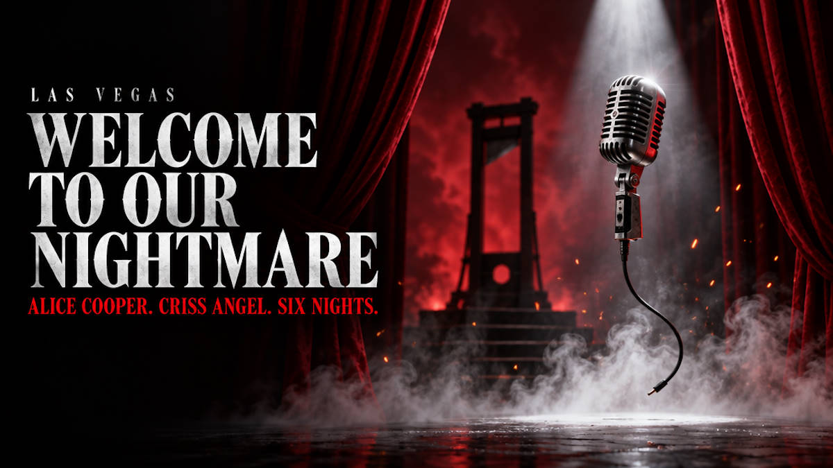 Illustrated microphone levitating above a smoky stage between red curtains for Alice Cooper and Criss Angel in Las Vegas