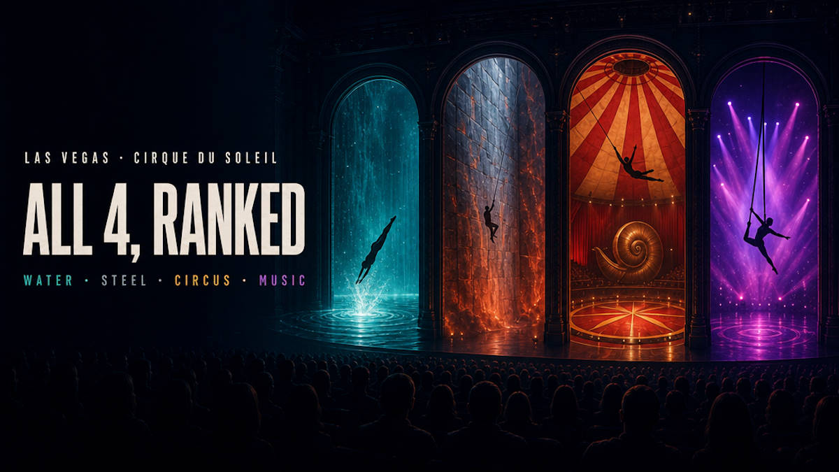 Four Cirque du Soleil stage worlds in Las Vegas: water, a vertical steel stage, a circus ring and a concert-lit aerial act