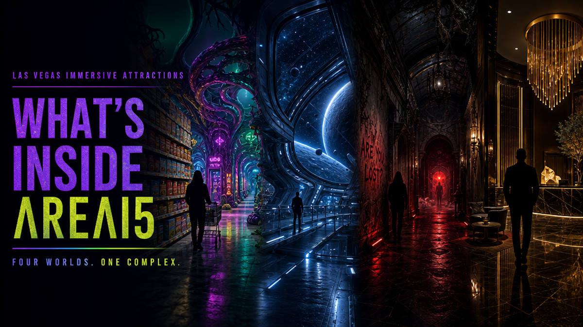 AREA15 Las Vegas immersive entertainment complex - Omega Mart, Universal Horror Unleashed, Interstellar Arc, John Wick Experience