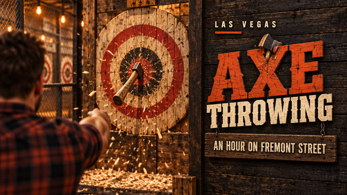 Illustrated axe striking a wooden target with sawdust in the air at an axe-throwing lane in Downtown Las Vegas