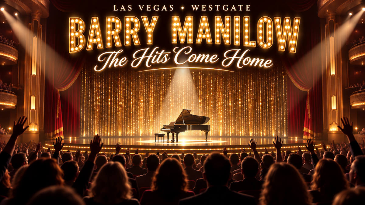 Illustrated grand piano under a warm spotlight on a big showroom stage with a sparkling curtain and a full audience
