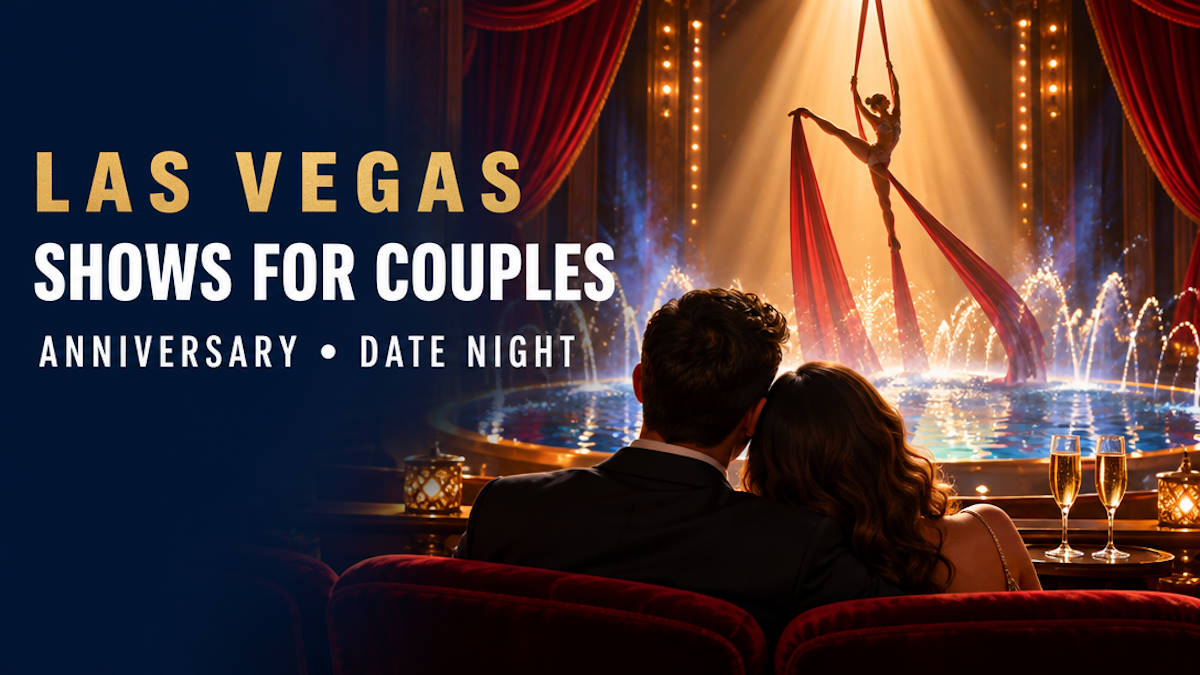 Illustrated couple in theater seats watching an aerialist rise through a spotlight above shimmering water