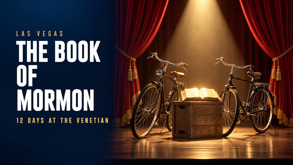 Illustrated theater stage with a spotlit open book and two missionary bicycles for The Book of Mormon in Las Vegas