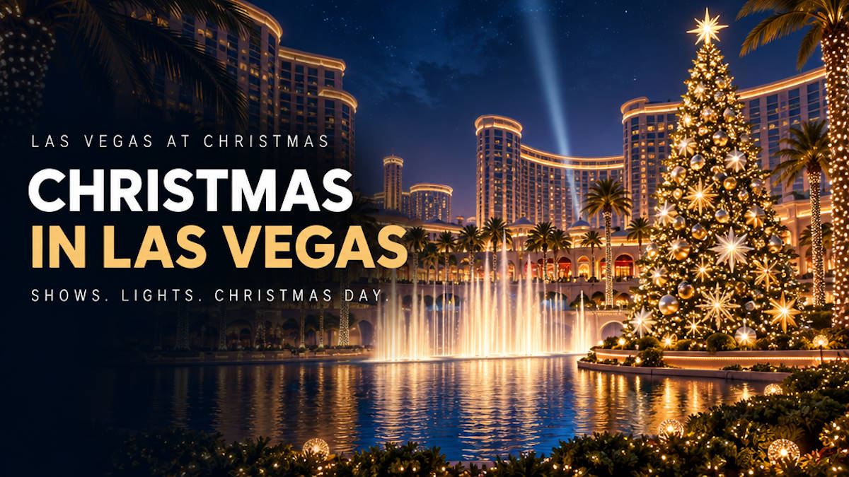 Illustrated Las Vegas Strip at Christmas with a lit holiday tree and resort towers