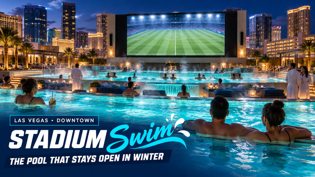 Illustrated tiered pool amphitheater at night with steam rising toward a giant sports screen in Downtown Las Vegas