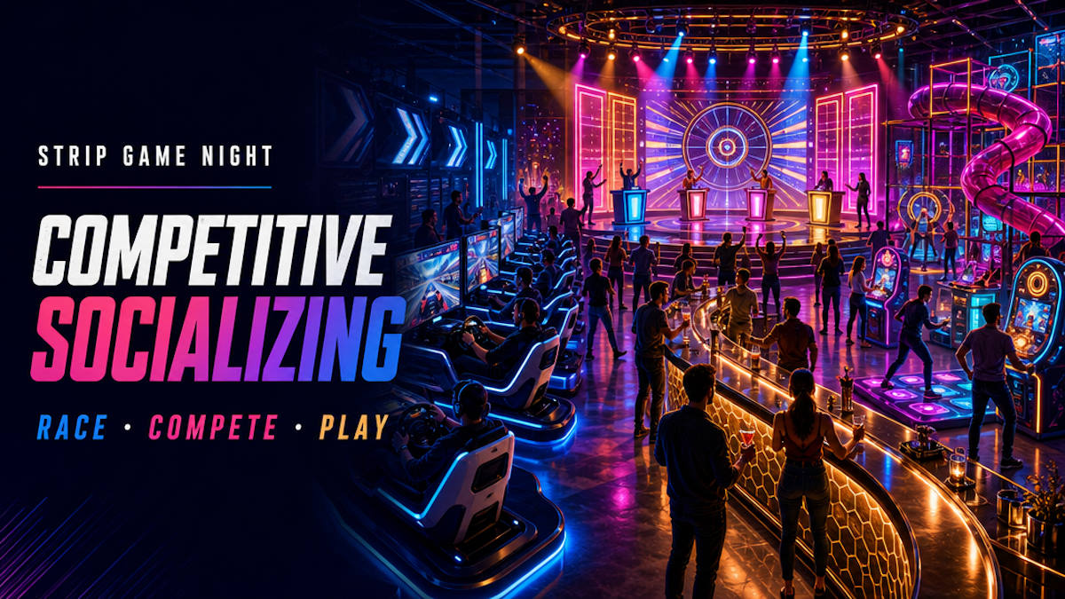 Illustrative editorial header of Las Vegas competitive-socializing venues with racing sims, a game-show stage, and arcade play