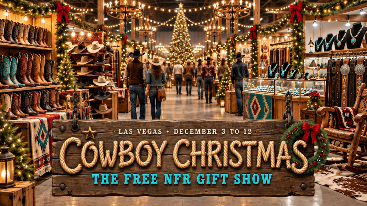 Illustrated western gift market hall with cowboy boots, hats, saddles and Christmas lights strung overhead