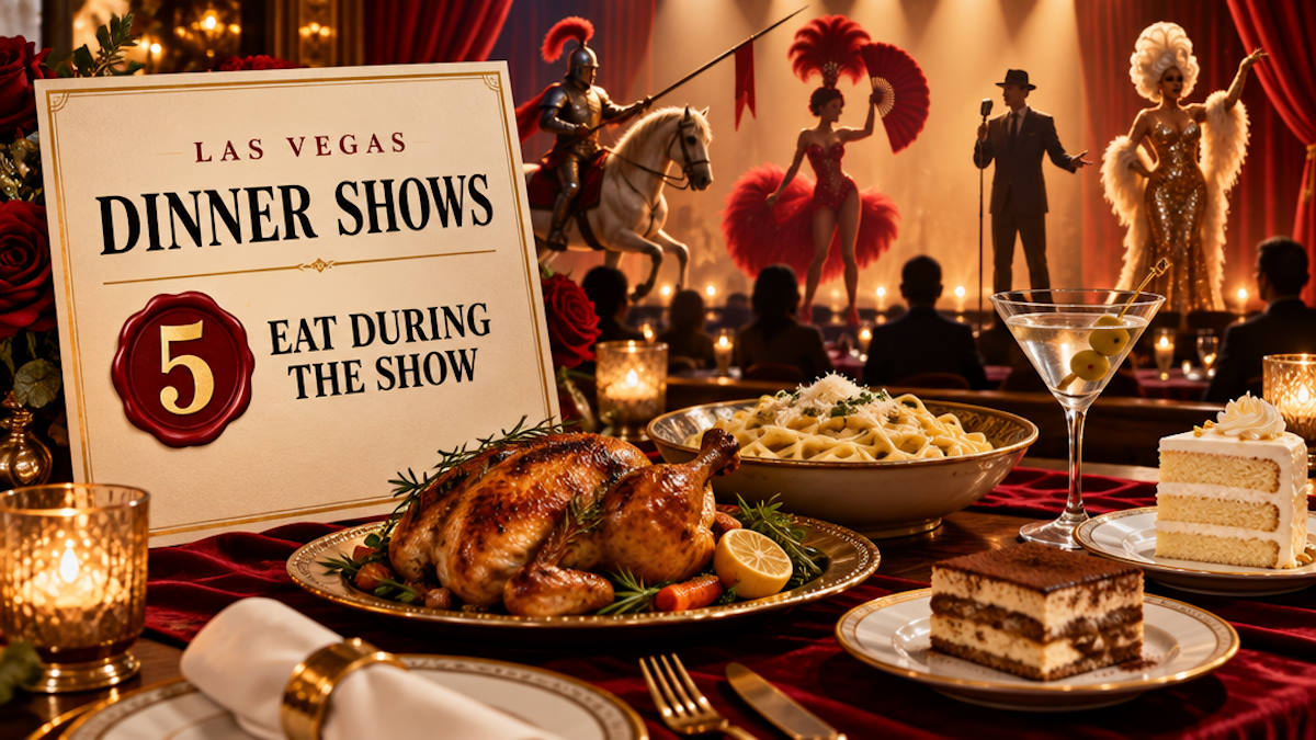 Illustrated Las Vegas showroom with dinner tables in the foreground and performers under spotlights on stage