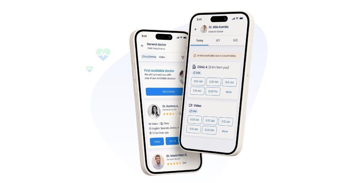 Two phone screens showing the Air Doctor app with doctor profiles and appointment times