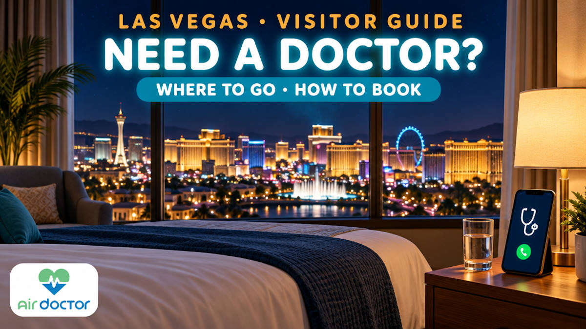 Illustrated hotel room at night with a phone on the nightstand showing a stethoscope icon on a call screen, city lights glowing outside the window