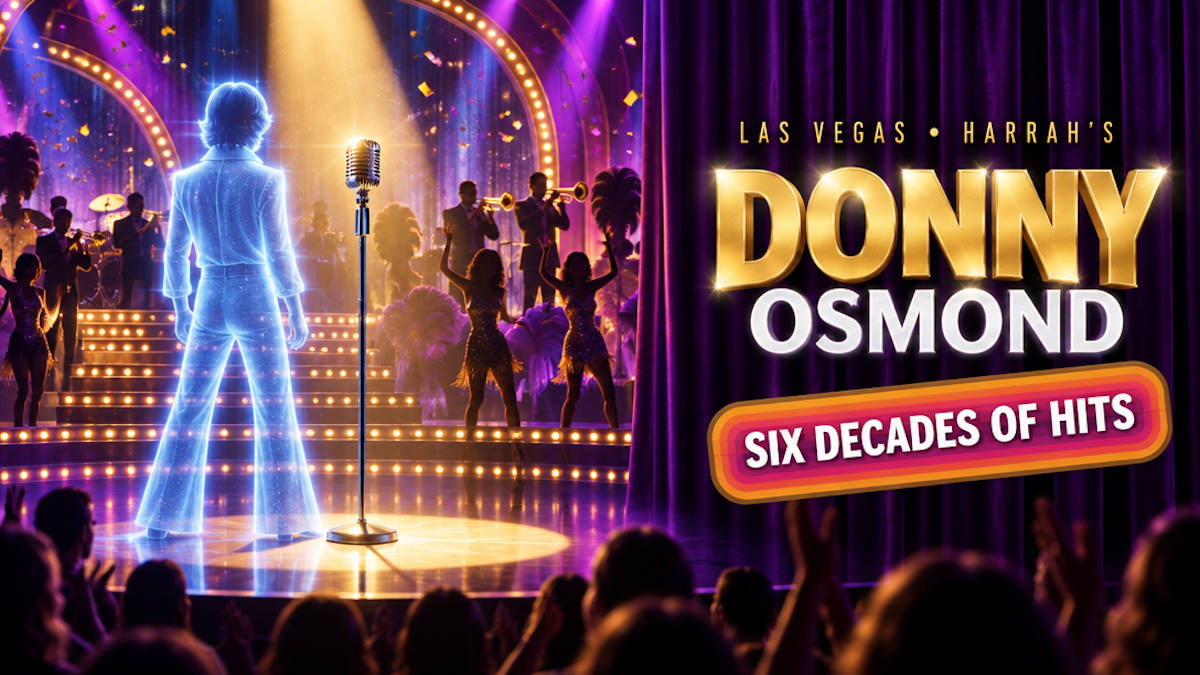 Illustrated showroom stage with a vintage microphone, a glowing hologram-style silhouette and confetti under purple lights