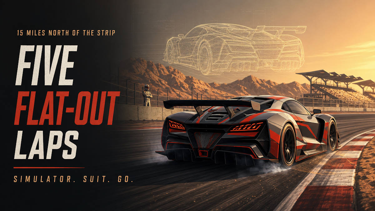 Illustrative editorial header of a race car on a road course near Las Vegas
