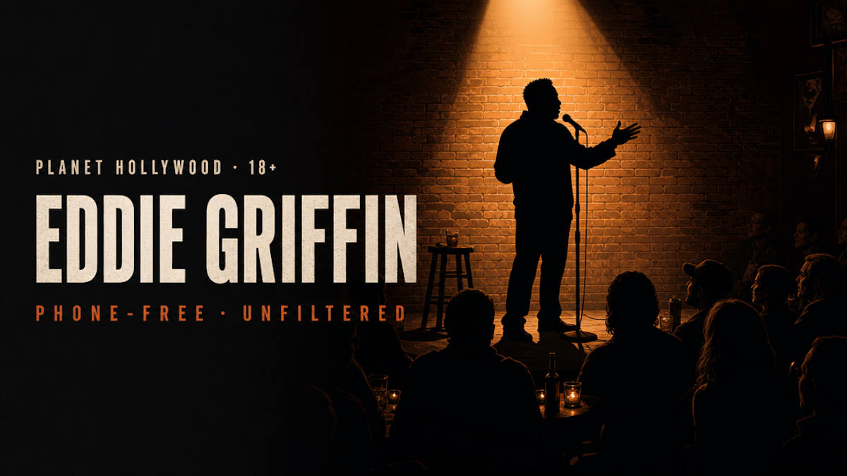 Illustrative editorial header for an adults-only stand-up comedy show on the Las Vegas Strip