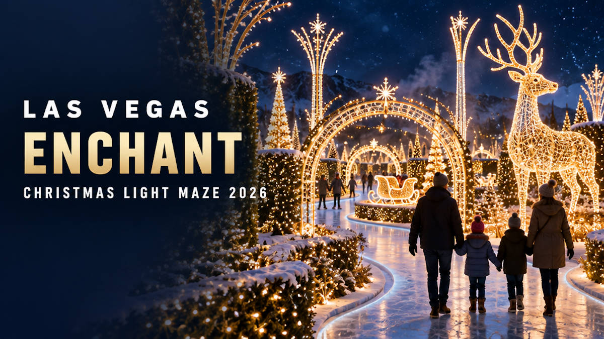 Illustrated Christmas light maze with glowing reindeer sculptures and a dog sled for Enchant Las Vegas