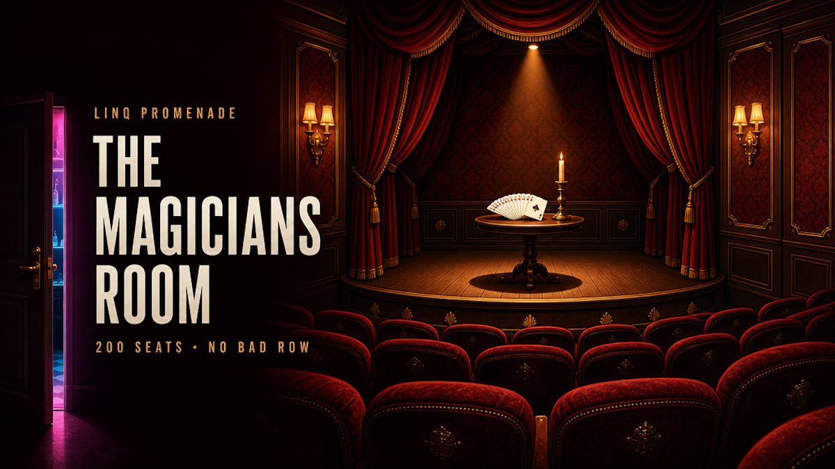 Illustrative editorial header of a hidden speakeasy magic theater in Las Vegas