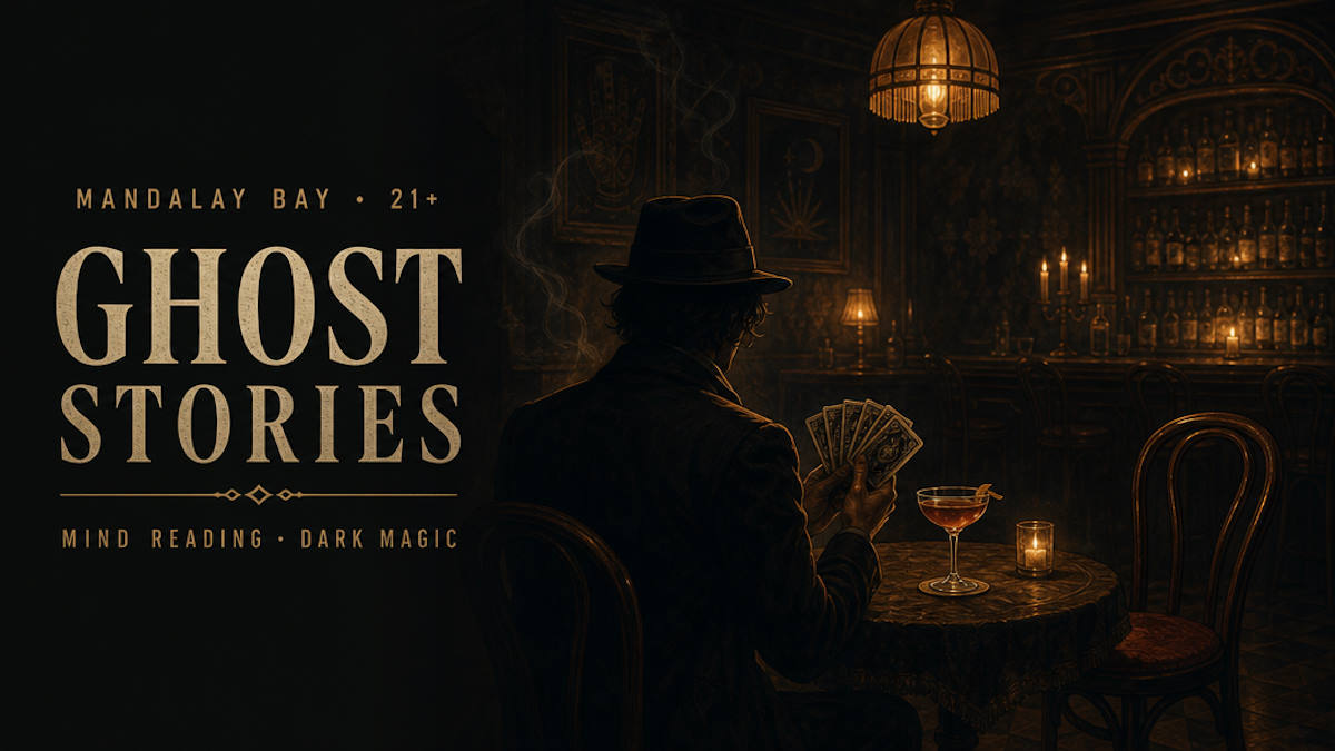 Illustrative editorial header for a 21-plus mind-reading dark-magic show in a Las Vegas speakeasy