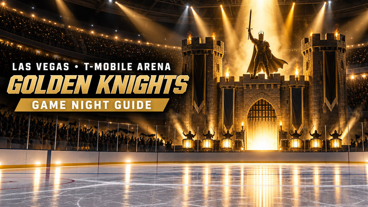 Illustrated indoor hockey rink at night with a medieval castle set and a knight silhouette under gold spotlights