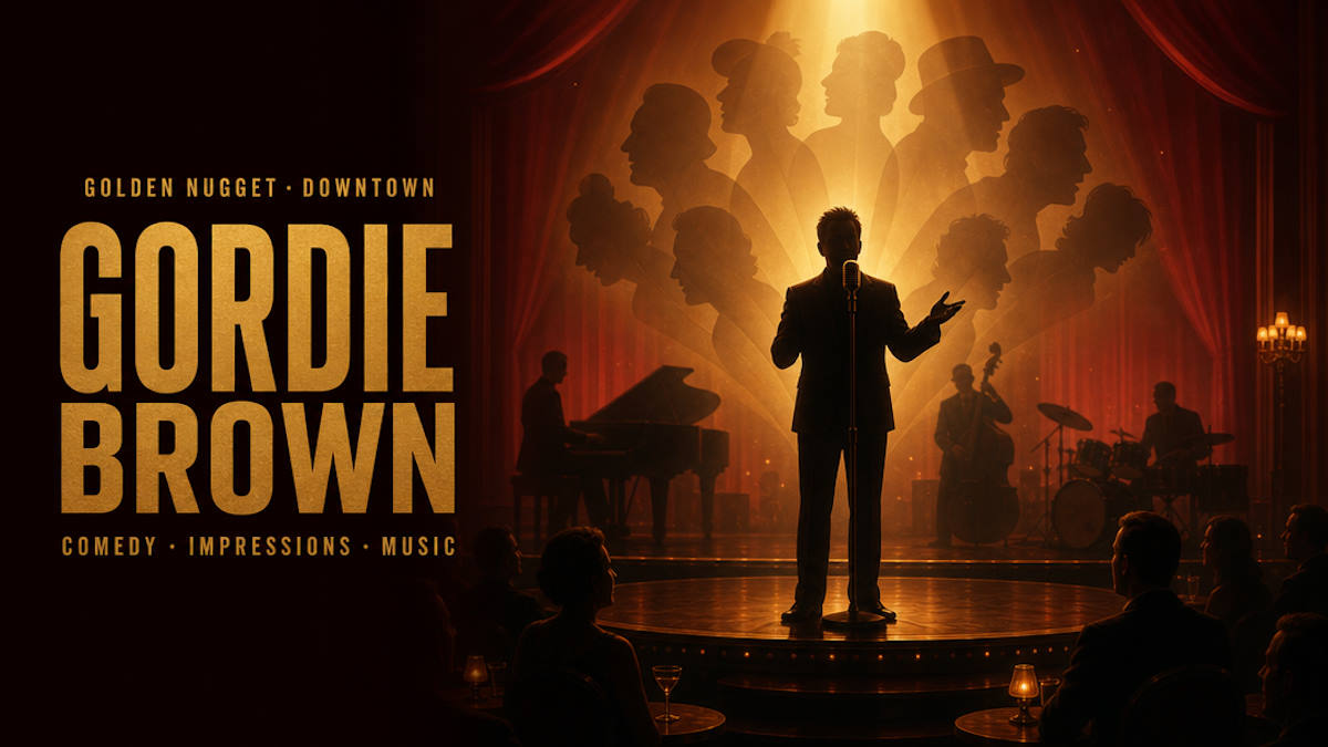 Illustrative editorial header for a celebrity-impressions comedy and music show in downtown Las Vegas