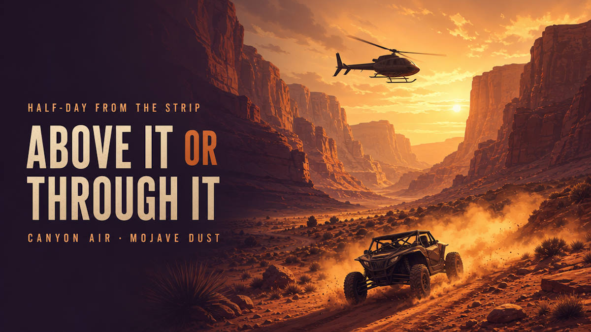 Illustrative editorial header contrasting a Grand Canyon helicopter tour with a Mojave Desert off-road tour