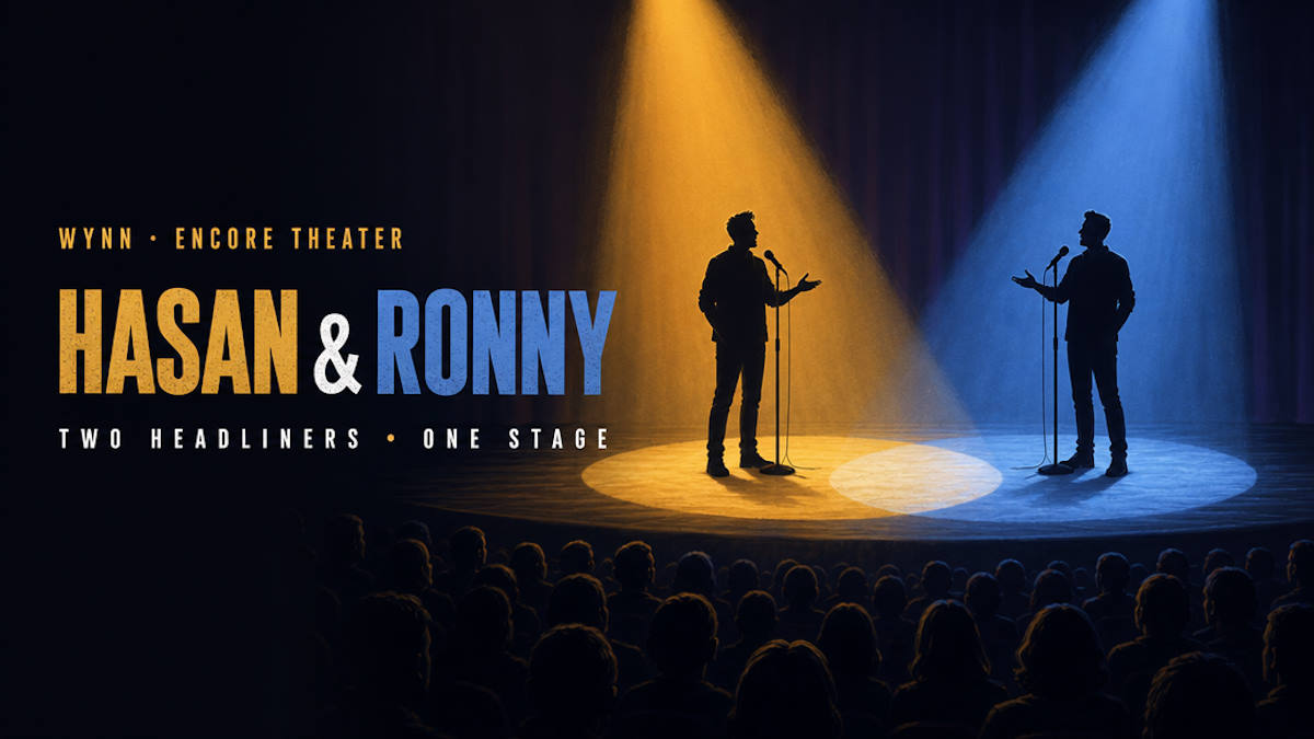 Illustrative editorial header for a two-comedian co-headlining stand-up show in Las Vegas
