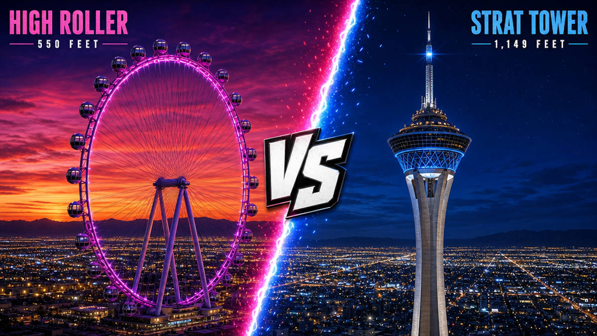 A giant observation wheel and a tall observation tower over the Las Vegas Strip at dusk