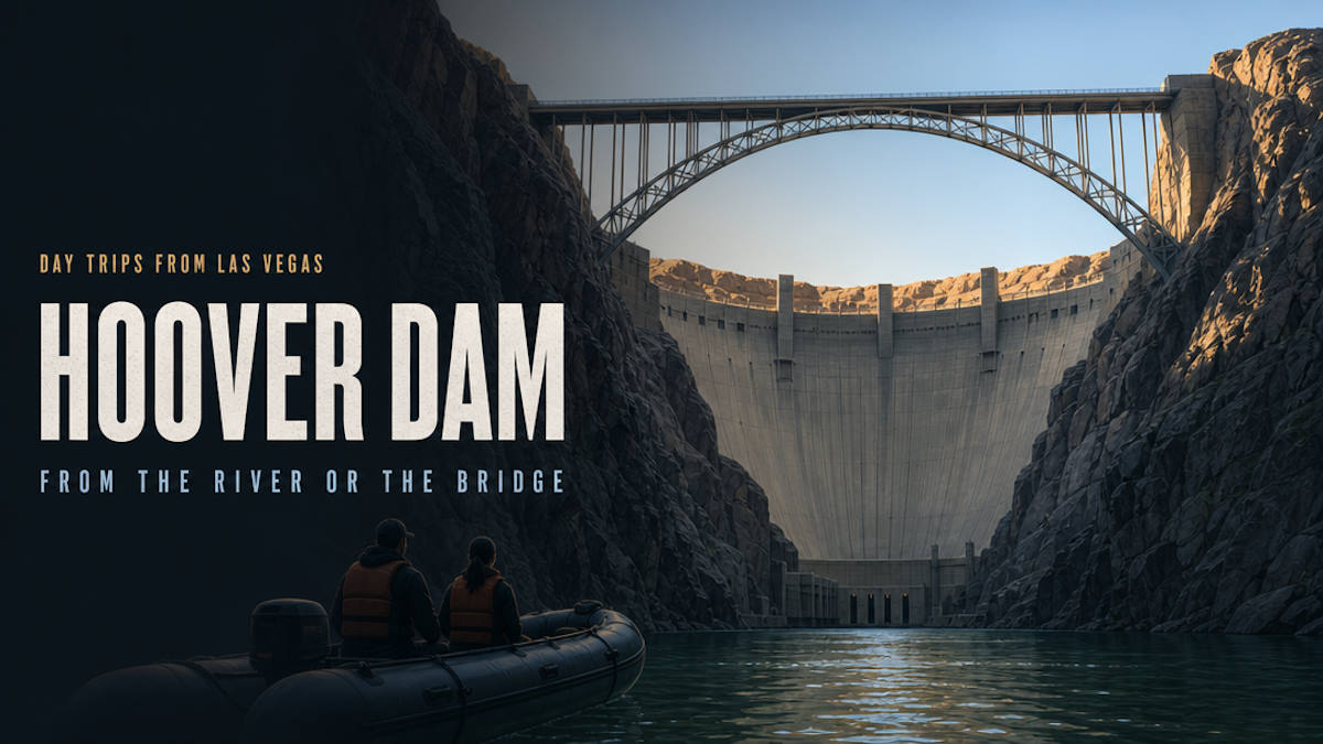 Illustrative editorial header of a raft on the Colorado River below a large concrete dam