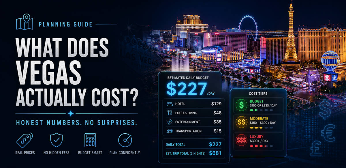 Las Vegas Strip at night with budget planning and dollar sign motifs in editorial style