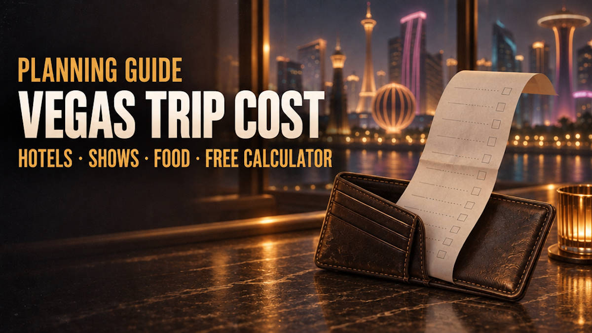 Las Vegas Strip at night with budget planning and dollar sign motifs in editorial style