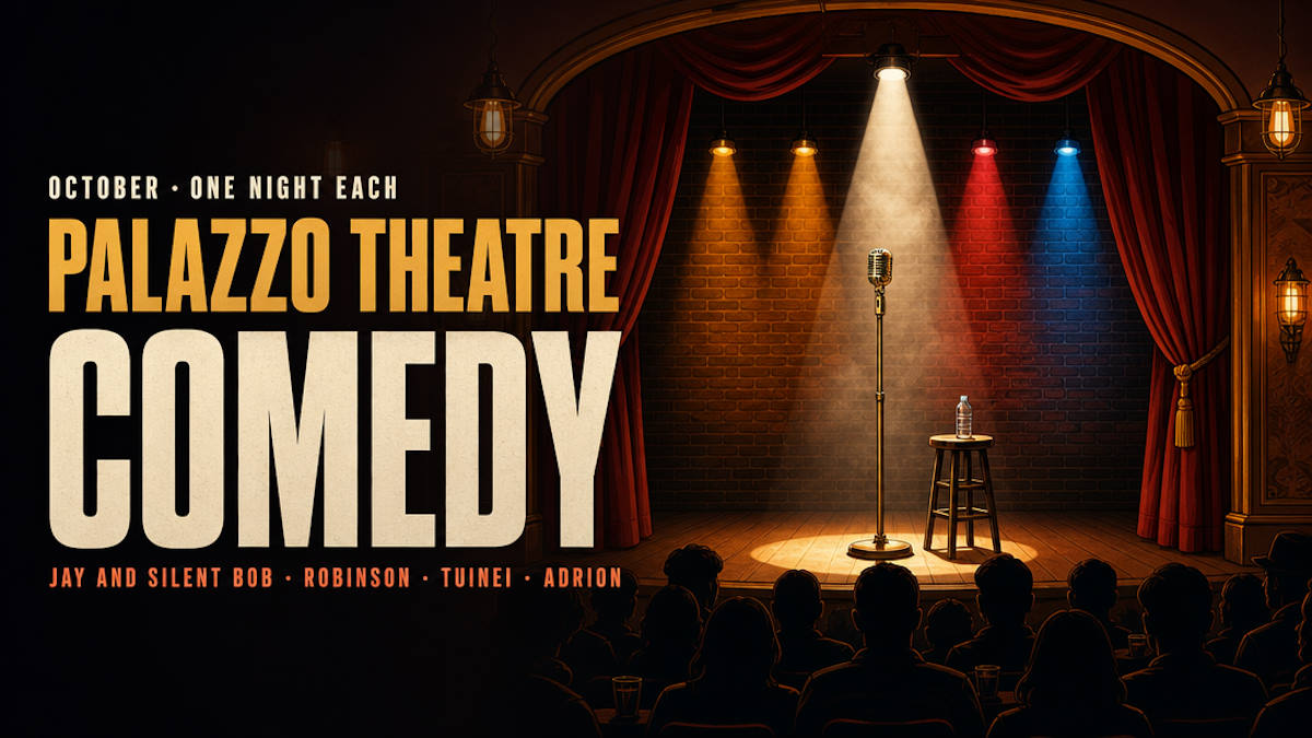 Illustrative editorial header for stand-up comedy at a Las Vegas theater