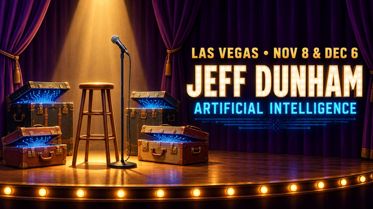 Illustrated theater stage with a single stool, a microphone and open travel cases glowing with blue circuit light
