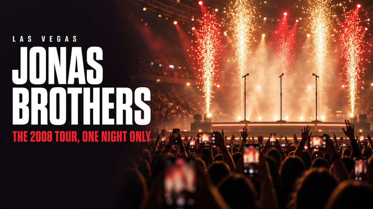 Illustrated arena stage with three microphone stands under red and gold lights for the Jonas Brothers in Las Vegas