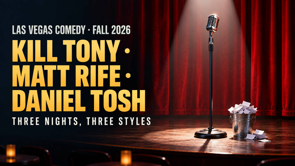 Illustrated microphone on a spotlit stage with a bucket of name slips for Las Vegas comedy nights