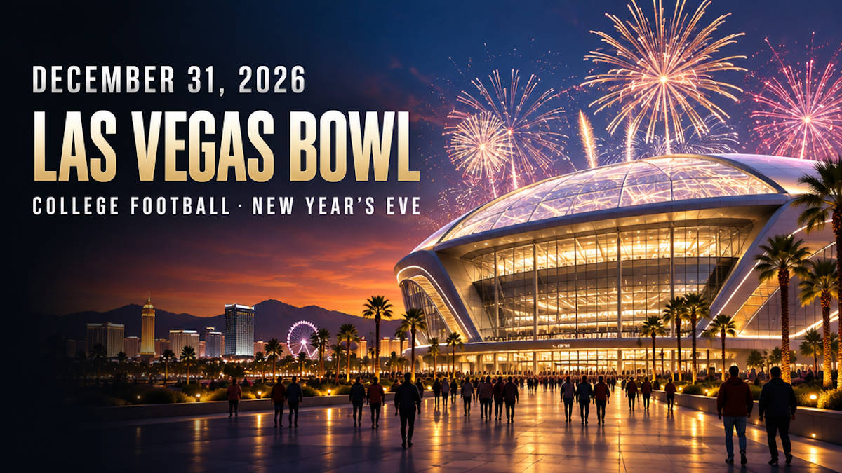 Illustrated college football stadium with a glowing roof on New Year's Eve in Las Vegas