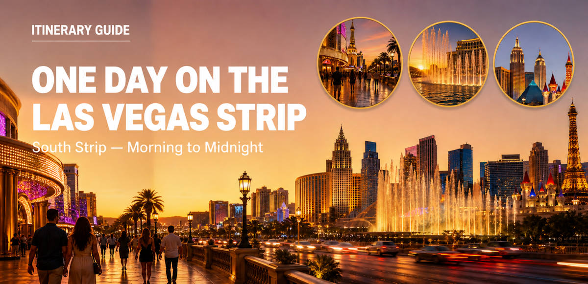 Las Vegas Strip at dusk showing Bellagio fountains and casino hotels