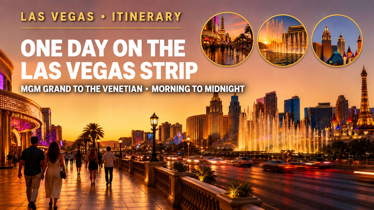 Illustrated Las Vegas Strip at sunset with fountains, a half-scale Eiffel Tower and people walking the boulevard