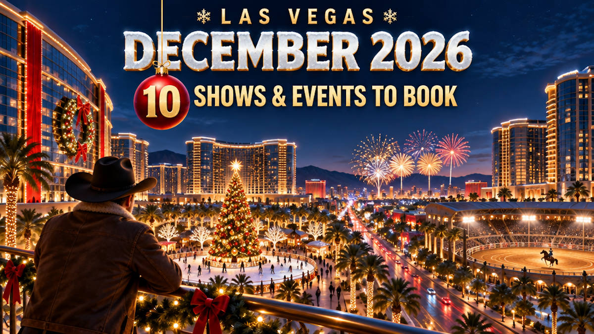 Illustrated Las Vegas boulevard in December with Christmas lights, a cowboy hat silhouette and fireworks over invented towers