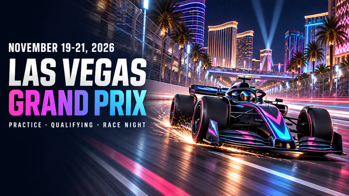 Illustrated Formula 1 car racing down a neon-lit Las Vegas street circuit at night