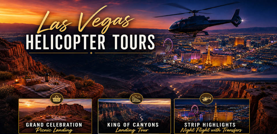 Helicopter flying over the Las Vegas Strip at night