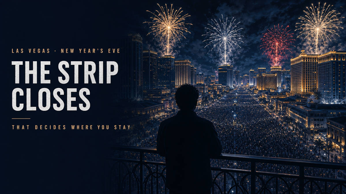 New Year's Eve on a closed Las Vegas Boulevard, with fireworks over the Strip hotels