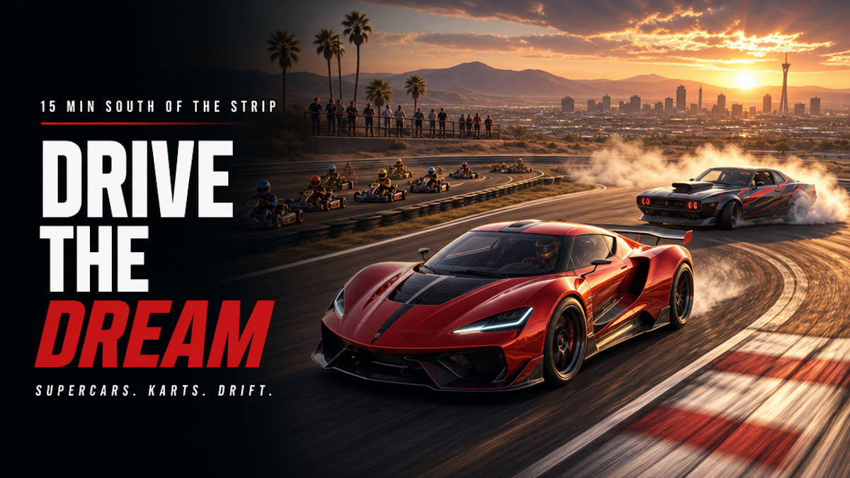 Three Las Vegas racing experiences at Speed Vegas: Exotics Racing supercars, Vegas SuperKarts, and a 707HP drifting ride-along