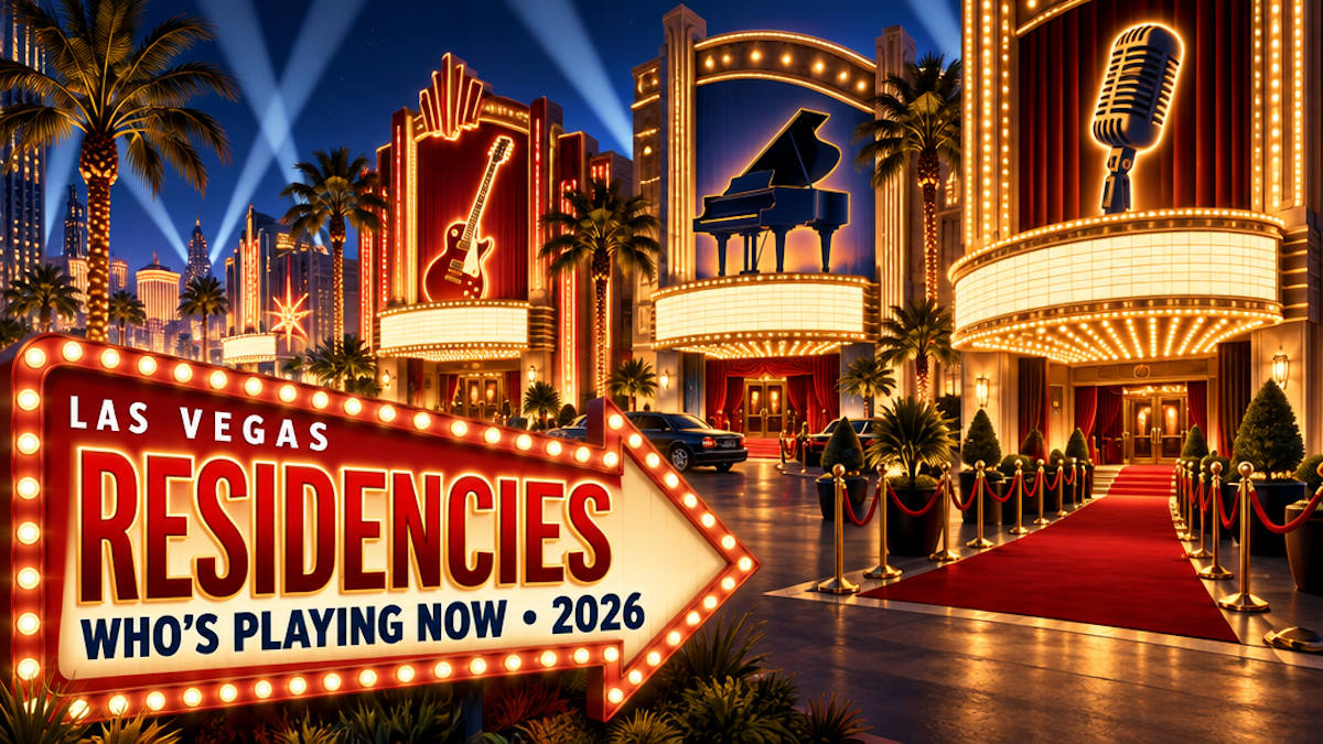 Illustrated Las Vegas skyline at night with a glowing dome, theater marquees and spotlights sweeping the sky