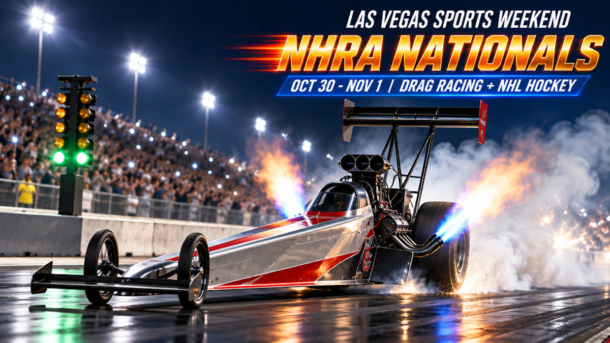 Illustrated Top Fuel dragster launching at night with nitro flames and tire smoke under floodlights
