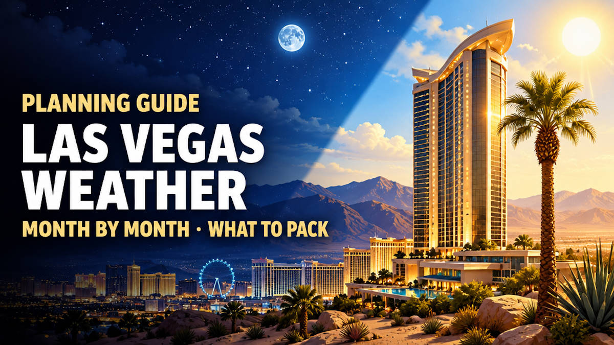 Illustrated Las Vegas Strip under a split sky, half summer sun and half winter night