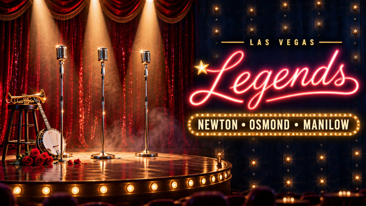 Illustrated vintage Las Vegas showroom stage with three empty microphones under spotlights and a glowing marquee