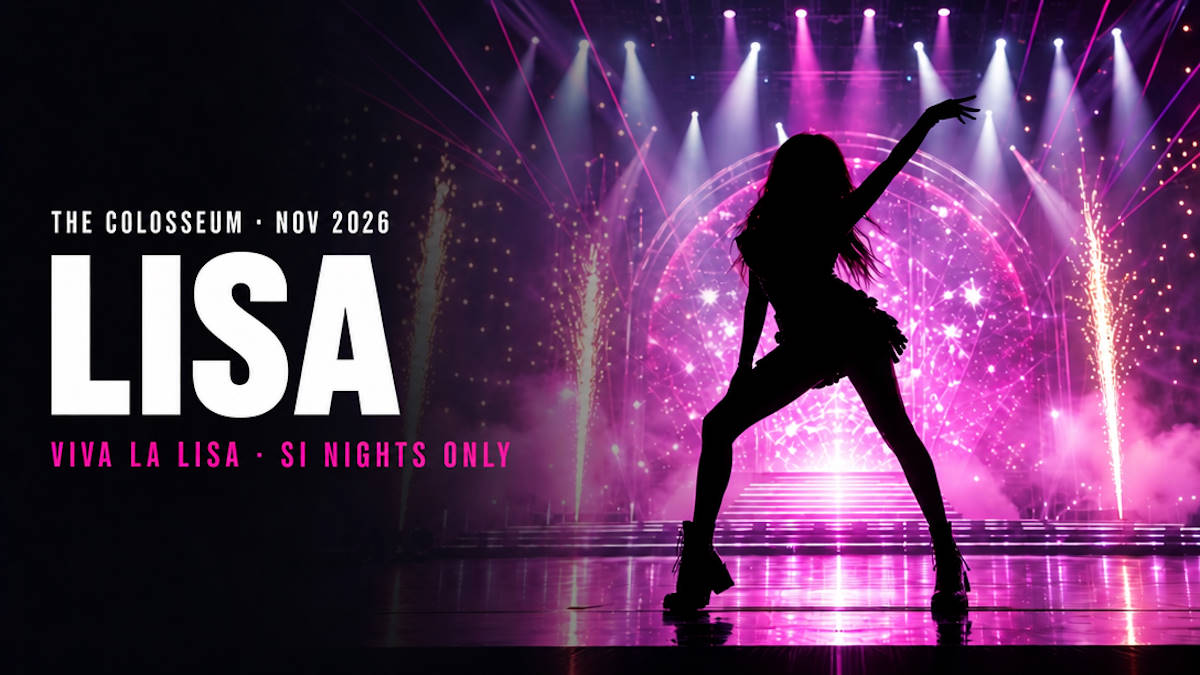 Illustrated silhouette of a dancer on a pink-lit stage between sparkler fountains for LISA's Las Vegas residency