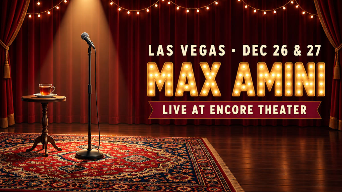 Illustrated theater stage with a microphone stand and a Persian rug under a warm spotlight, with holiday lights