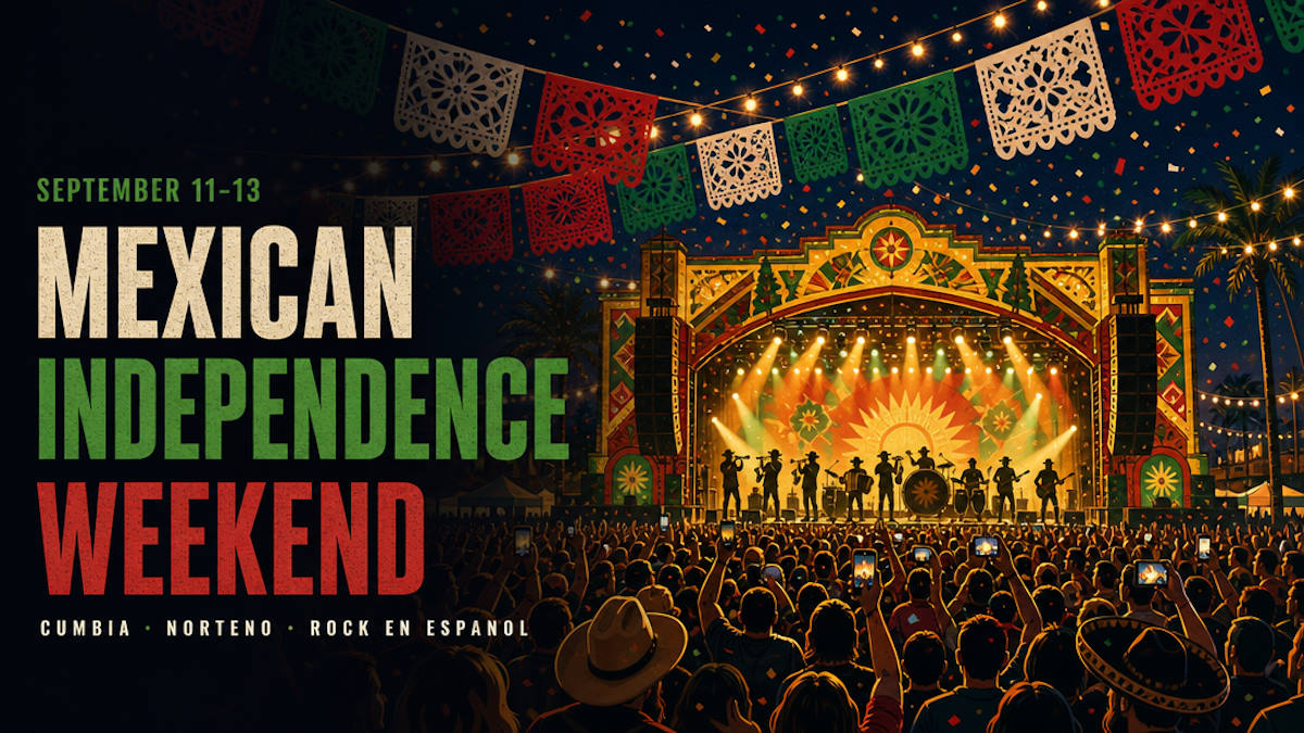 Illustrative editorial header for Mexican Independence Day weekend concerts in Las Vegas