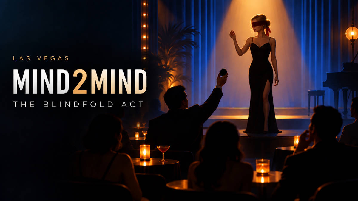 Illustrated blindfolded mentalist on a lounge stage for Mind2Mind at Fontainebleau Las Vegas