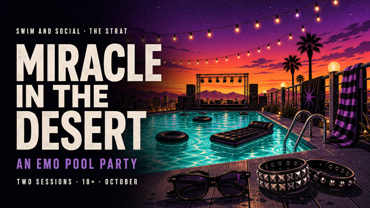 Illustrative editorial header for an emo themed pool party in Las Vegas